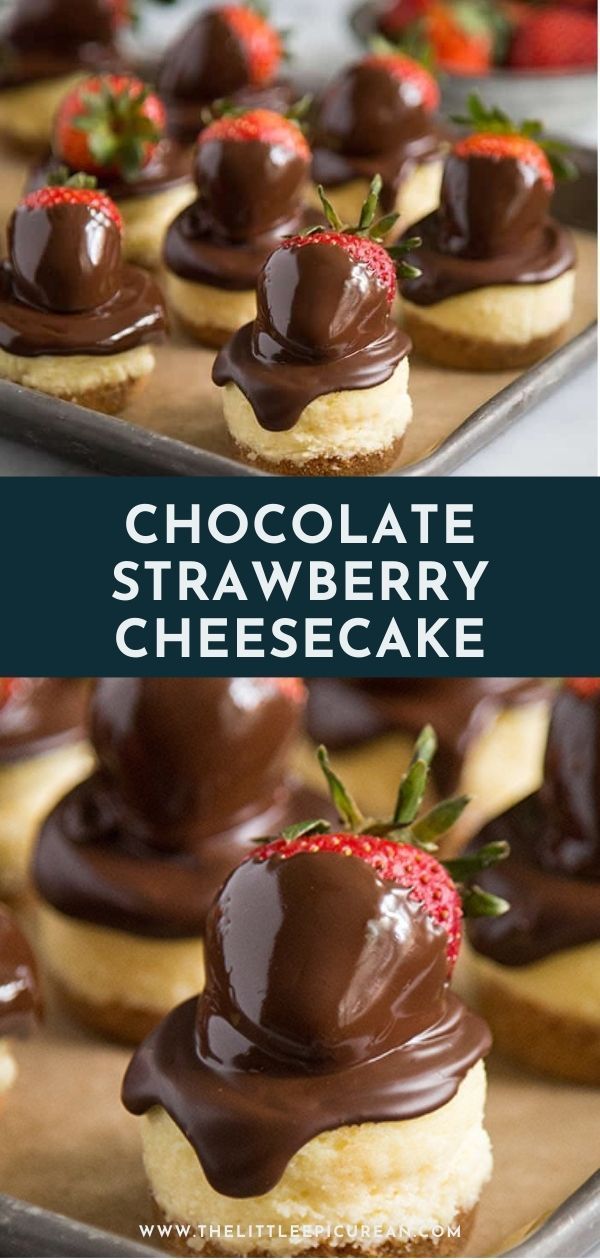 chocolate strawberry cheesecakes on a tray with strawberries