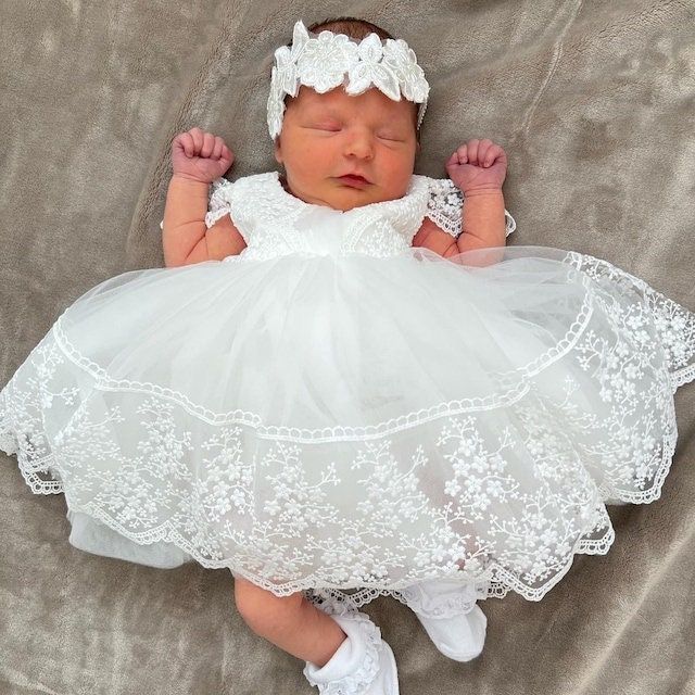 White Lace Princess Dress For Confirmation, Lace Baptism Dress With Lace Patchwork, Princess Dress With Lace Bodice For Baptism, Fitted Lace Princess Dress For Baptism, White Princess Dress With Lace Trim For Baptism, White Lace Princess Dress For Baptism, Fitted Princess Dress For Confirmation, White Tulle Lace Dress For Baptism, Christening Shoes