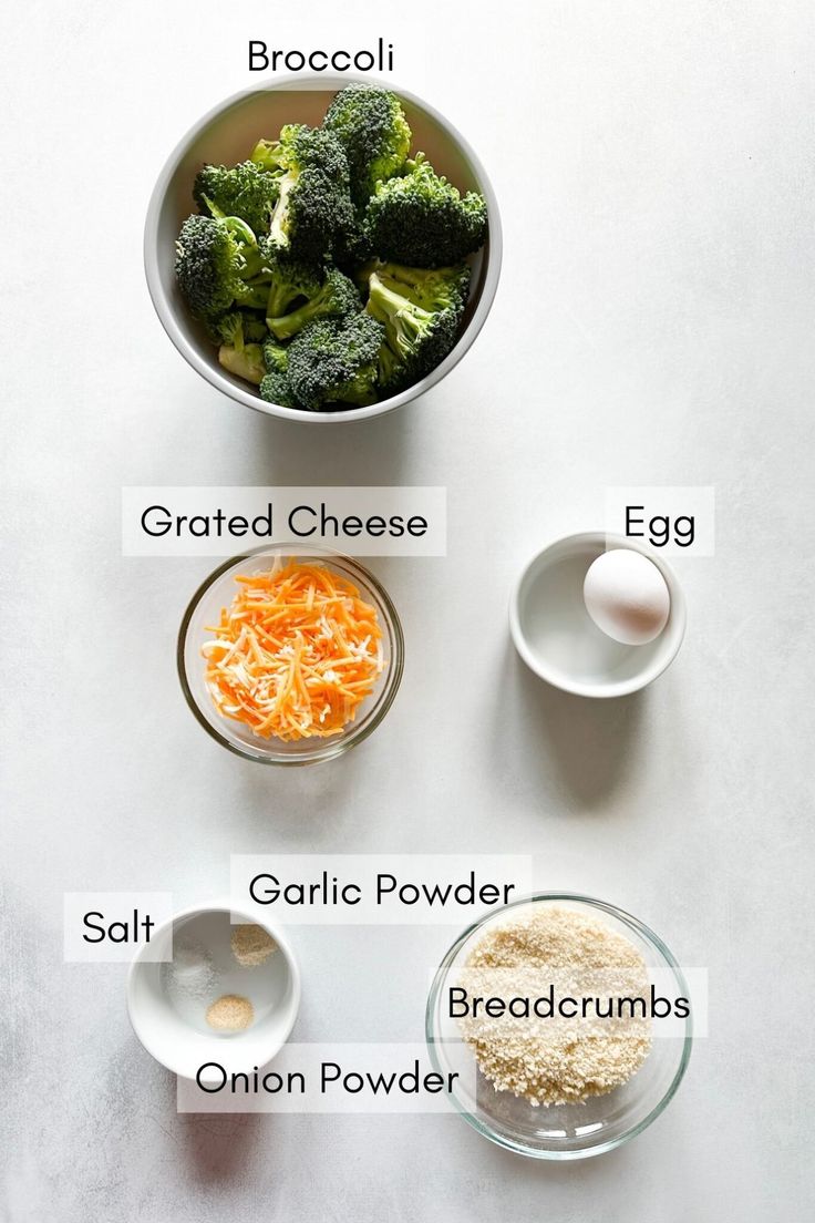 broccoli, carrots, eggs and other ingredients in bowls