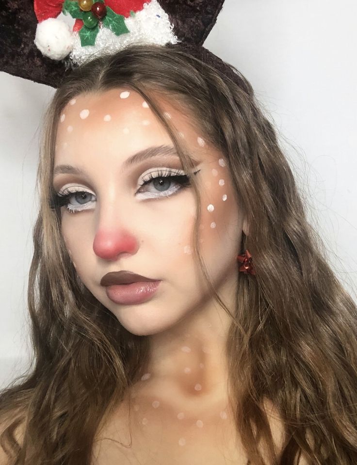 Christmas Makeup Looks Full Face, Reindeer Makeup Simple Kids, Rudolf The Red Nosed Reindeer Makeup, Cute Reindeer Costume, Simple Reindeer Makeup, Easy Christmas Character Dress Up, Santa Makeup Christmas, Festive Christmas Makeup, Rudolph Makeup Reindeer