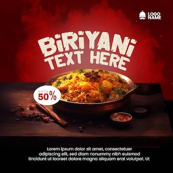 an advertisement for biriyani text here