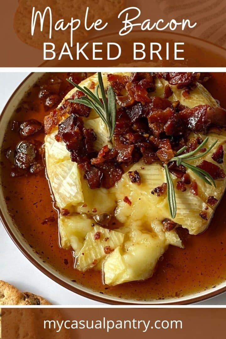 the recipe for maple bacon baked brie is shown in two different images, with text overlay