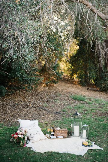 an outdoor picnic is set up on the grass