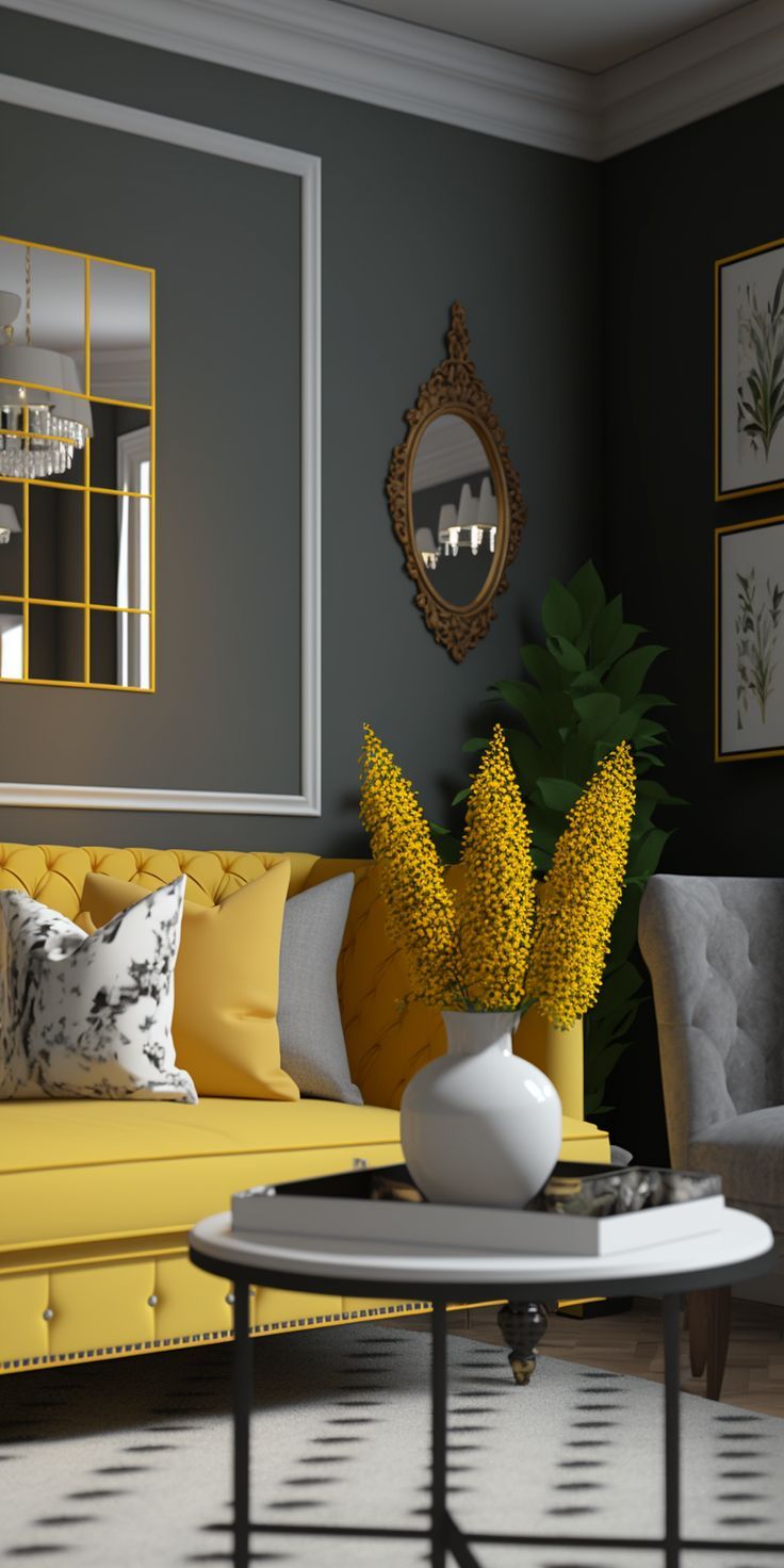 a living room with grey walls and yellow furniture