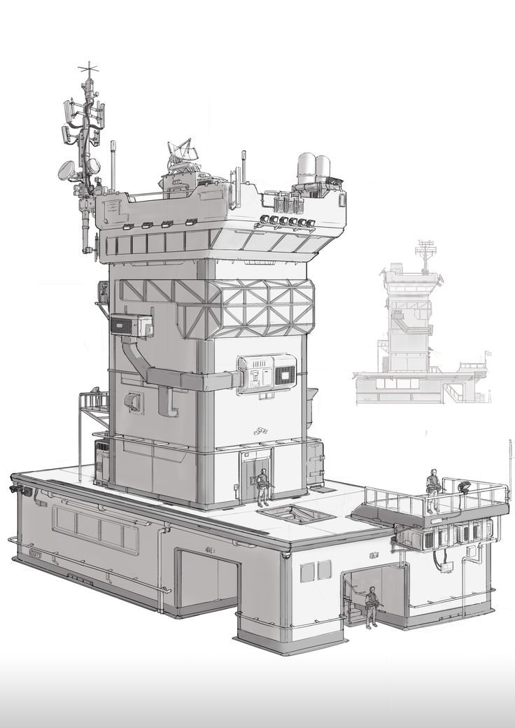 a drawing of an aircraft carrier with two smaller planes in the background