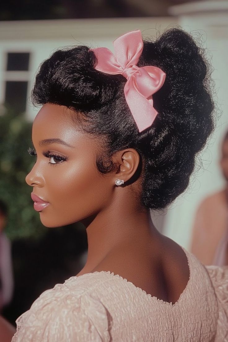 19s Hairstyles, 00s Summer Aesthetic, Princess Era Aesthetic, Dolled Up Aesthetic, Black Femininity Pink, Long Black Natural Hair, Vintage Curls Black Women, 1950s Aesthetic Black Women, Black Women With Pink Hair