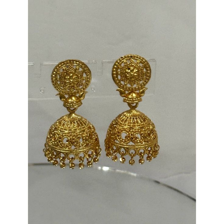 Jhumka Earrings 22k Gold Plated Bollywood Fashion Design Gold Temple Jewelry Earrings For Navratri, Elegant Navratri Jhumkas, Traditional Gold Plated Danglers, Traditional Gold-plated Danglers, Festive 22k Gold Jhumkas With Latkans, Gold Jewelry With Matching Earrings For Navratri, Gold Earrings For Puja, Bollywood Style Gold Plated Chandbalis, 22k Gold Bollywood Chandbalis