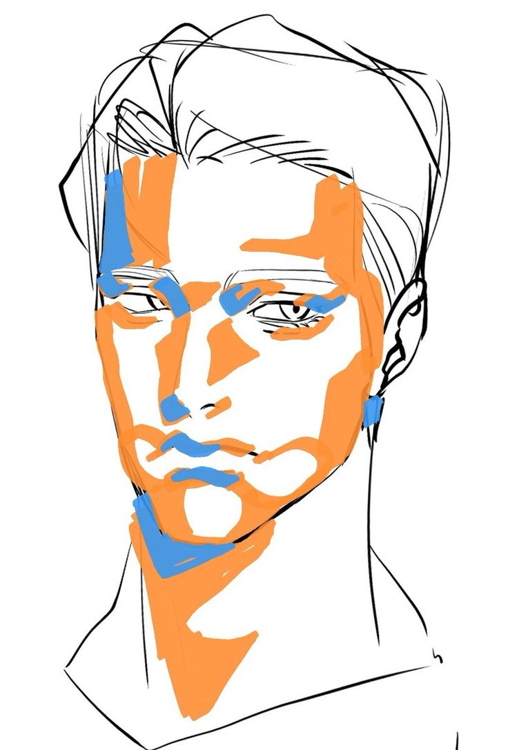 a drawing of a man's face with blue and orange lines on the forehead