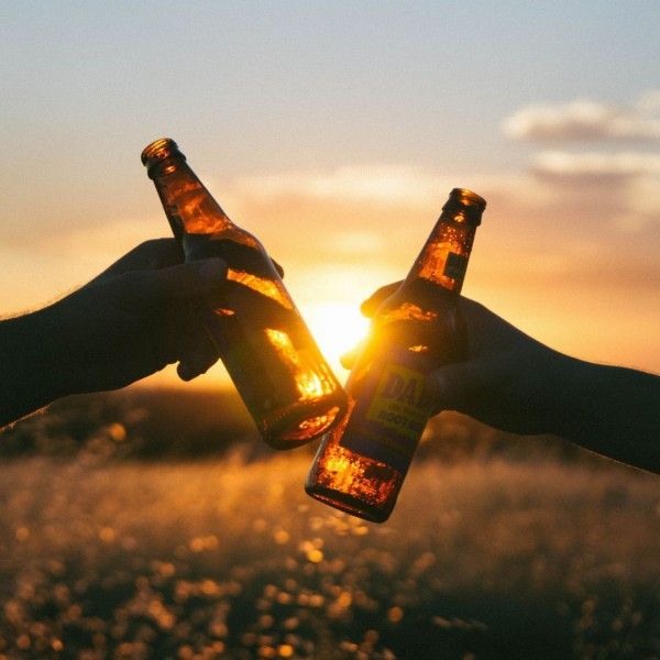 two people holding beer bottles in front of the sun on a grassy field at sunset