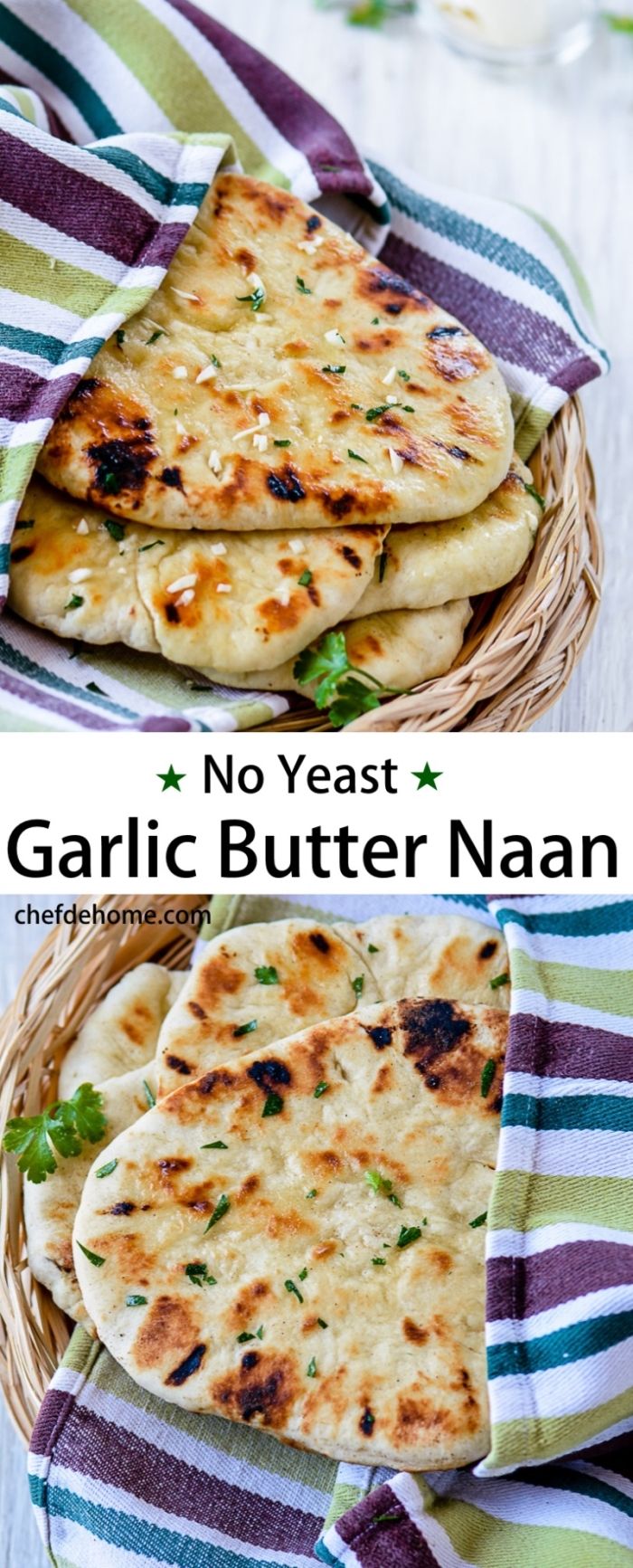 no yeast garlic butter naan in a basket on top of a striped towel next to another one