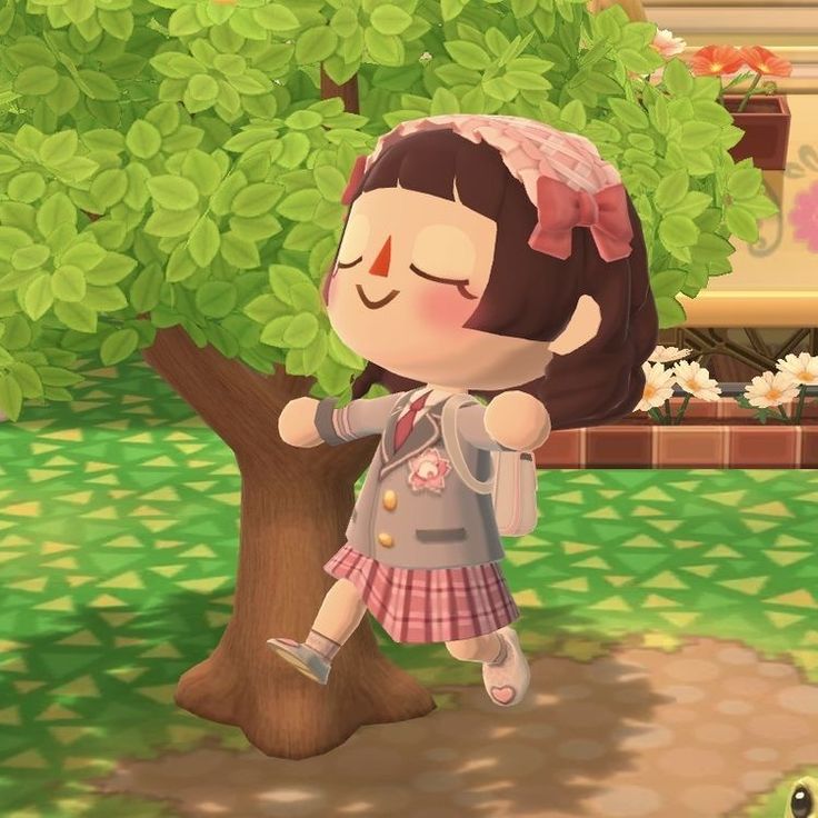 an animal crossing character is standing in front of a tree, with her eyes closed