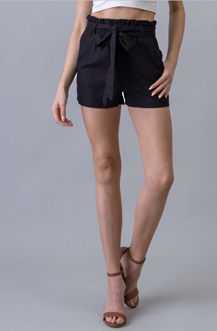 Paper Bag Shorts Black Solid Color High Waist Short Length Tie Front Side Pockets 55% Linen 45% Rayon Black Bottoms With Built-in Shorts And Breathable Fabric, Black Mid-thigh Shorts With Pockets, Black Linen Bottoms With Built-in Shorts, Black High-waisted Shorts With Drawstring, Black Cotton Bottoms With Built-in Shorts, Black Solid Color, High Waist Short, Paper Bag Shorts, Sitting Pretty