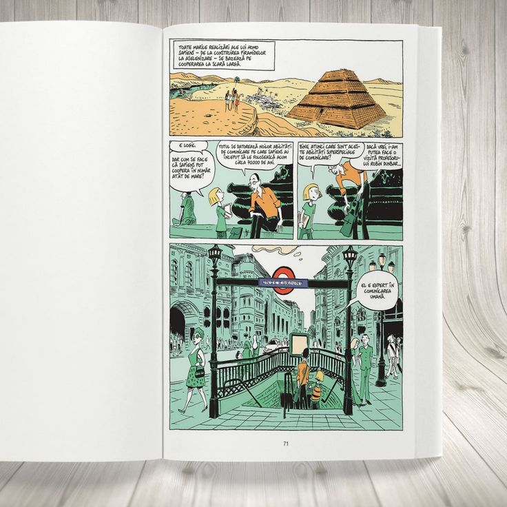 an open comic book with pictures of people in the city and pyramids on the other side