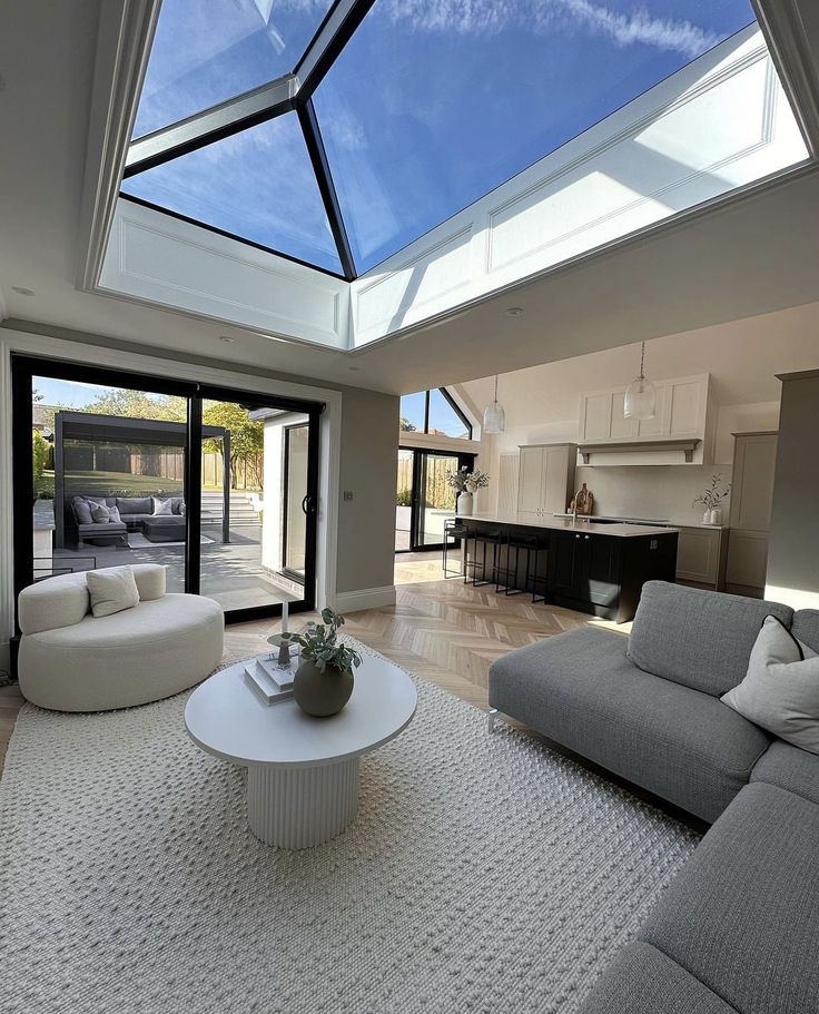 a living room filled with furniture and a skylight