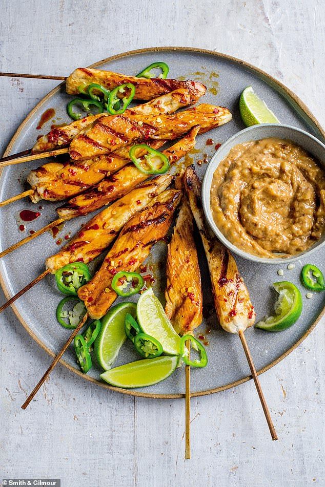 chicken skewers with dipping sauce on a plate