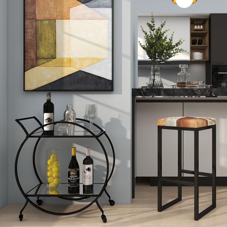 a bar cart in the middle of a kitchen