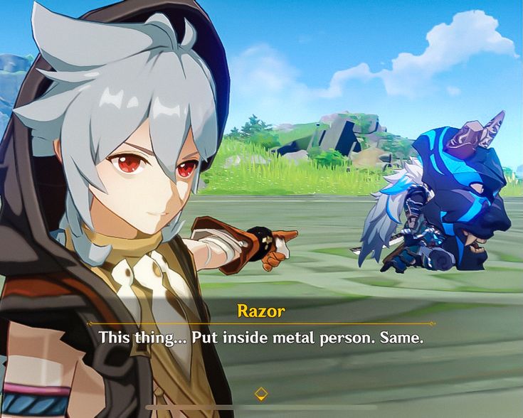 an animated video game character with white hair and gray hair, standing in front of another character