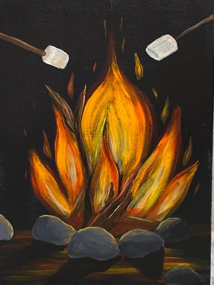 an oil painting of a fire with rocks on the ground