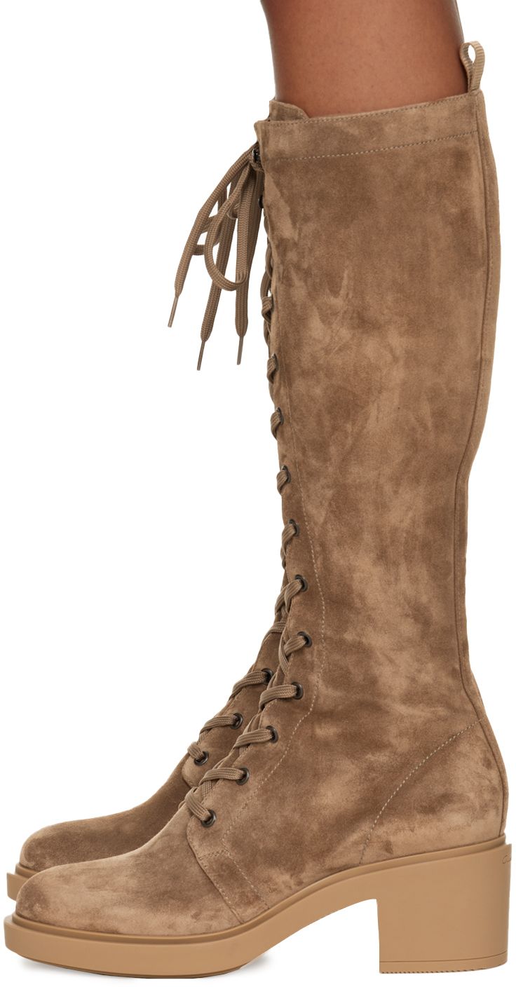 Handcrafted knee-high suede boots in brown. · Lace-up closure · Zip closure at inner side · Grosgrain pull-loop at heel collar · Logo embossed at heel · Grained leather lining · Block heel · Treaded rubber sole · Heel: H2.5 in Supplier color: Camel Brown Wide Calf Knee-high Lace-up Boots, Brown Knee-high Wide Calf Lace-up Boots, Brown Suede Knee-high Boots With Suede Lining, Brown Suede Wide Calf Knee-high Boots, Suede Knee-high Heeled Boots With Leather Sole, Brown Suede Knee-high Boots, Brown Suede Mid-calf Boots With Suede Lining, Suede Boots Knee High, Suede Boots