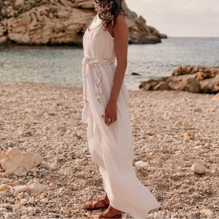 Nwt. Gorgeous, Flowy White Cotton Dress. It Gives Grecian Goddess On A Trip To The Islands Note: The Belt It Came With Is Not As Thick As The Belt Pictured In The Stock Photos. Sleeveless Midi Dress For Beach Wedding, Elegant Flowy Beach Dress For Daywear, Casual White Beach Wedding Dress, Elegant Beach Wedding Dress For Beach Season, Feminine Maxi Length Dresses For Beach Season, Feminine Maxi Dress For Beach Season, Feminine Maxi Beach Dress, Feminine Maxi Dress For The Beach, Elegant Midi-length Boho Dress For Beach