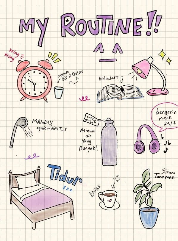 a drawing of various things that are in front of a sheet of paper with the words my routine on it