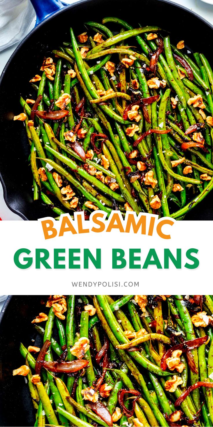 green beans with balsamic in a skillet on top of a blue and white table