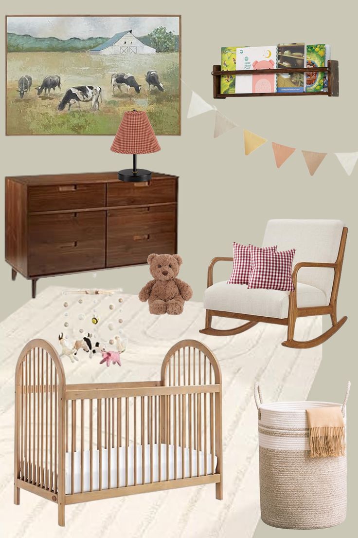 a baby's room with furniture and decor