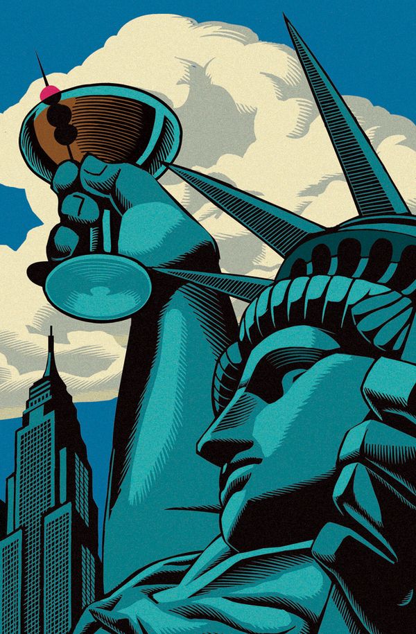 the statue of liberty is holding a tray with an apple in it's hand