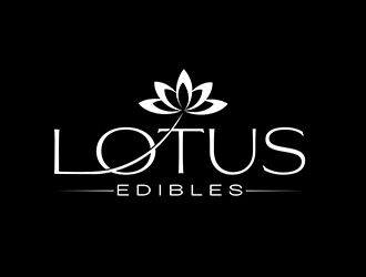 lotus logo on black background with the words lotus edibles written in white and surrounded by leaves