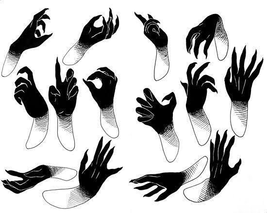 several hands with different expressions and gestures drawn in black ink on white paper by person