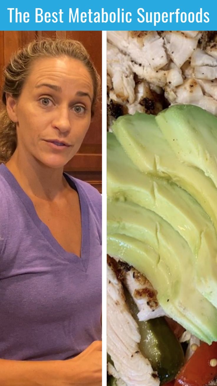 the woman is looking at the camera and has an avocado on her plate