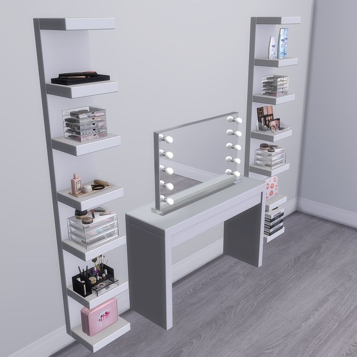 a room with a mirror, shelf and shelves filled with makeup products on the floor