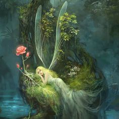 a fairy sitting on top of a lush green forest next to a red rose in her hand