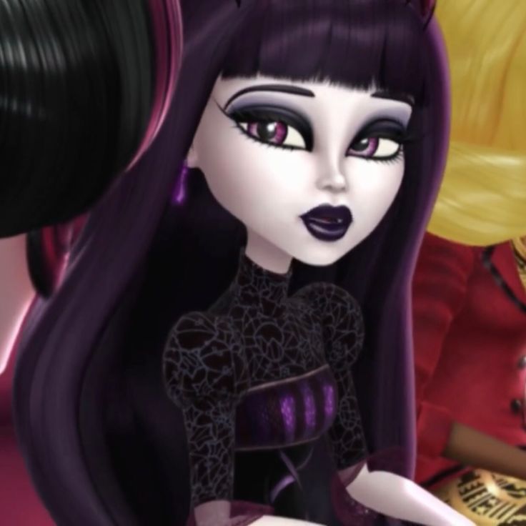 an animated image of a woman with purple hair and black makeup, holding a wine glass in her hand