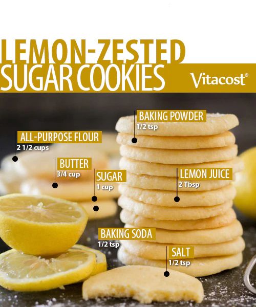 lemon - zested sugar cookies stacked on top of each other with the ingredients labeled