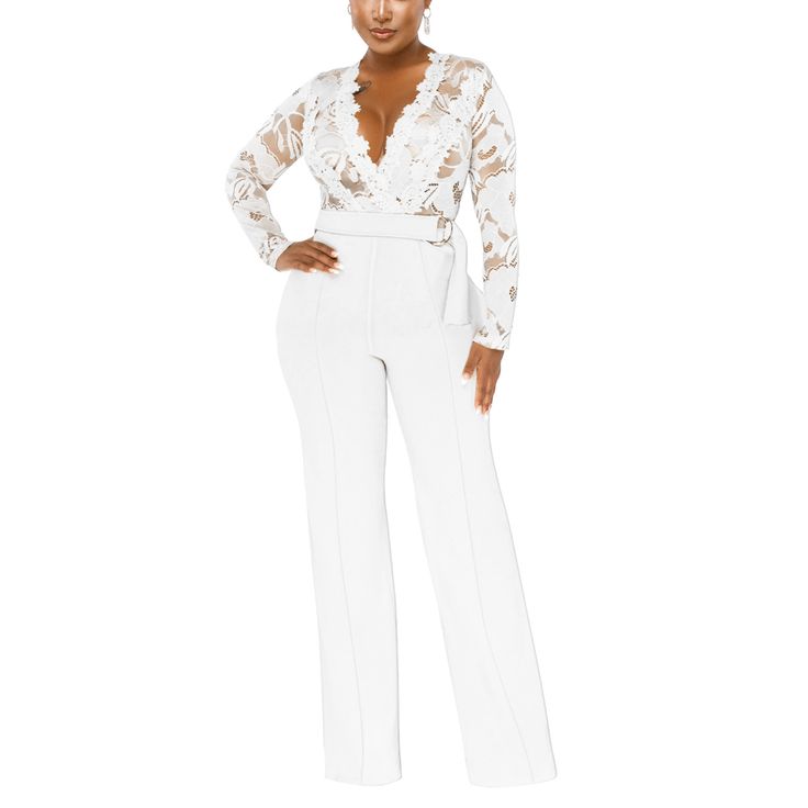 Flowers but make it bossy - Analia is a floral jumpsuit for a boss woman in you. This elegant jumpsuit features a plunging neckline on a sheer floral bodice with long fitted sleeves. The jumpsuit has a high waist with a figure accentuating fit leading to straight boot cut bottoms. Also available in black Styling options: Throw on your most trusty pointed-toe heels to give your silhouette an elongated effect. Color: White Sleeve Length: Long Sleeves Silhouette: Slim Length: Full Length Neckline: Elegant Jumpsuits And Rompers With Sheer Sleeves For Evening, Elegant Evening Jumpsuits And Rompers With Sheer Sleeves, Elegant Party Jumpsuits And Rompers With Sheer Sleeves, Elegant Party Jumpsuits With Sheer Sleeves, Elegant V-neck Bodysuit For Party, Chic Sheer Jumpsuits And Rompers For Night Out, Chic Sheer Jumpsuits And Rompers For Evening, Chic Sheer Jumpsuits For Evening, Elegant Spring Bodysuit With Sheer Sleeves