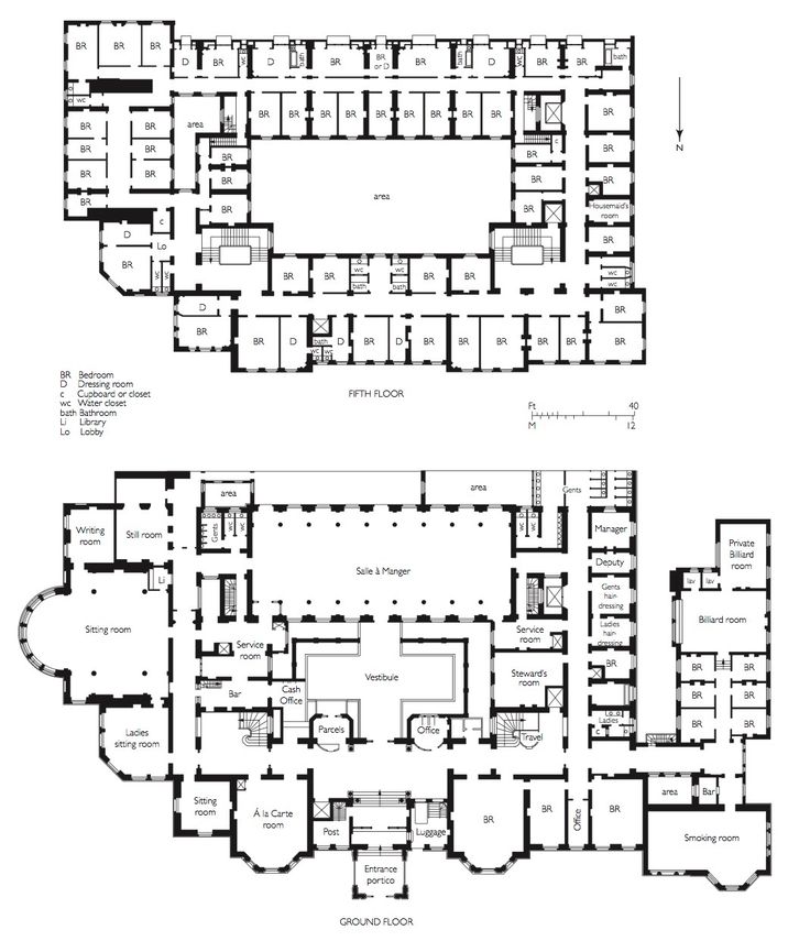 two floor plans for the first and second floors of an apartment building, with multiple rooms