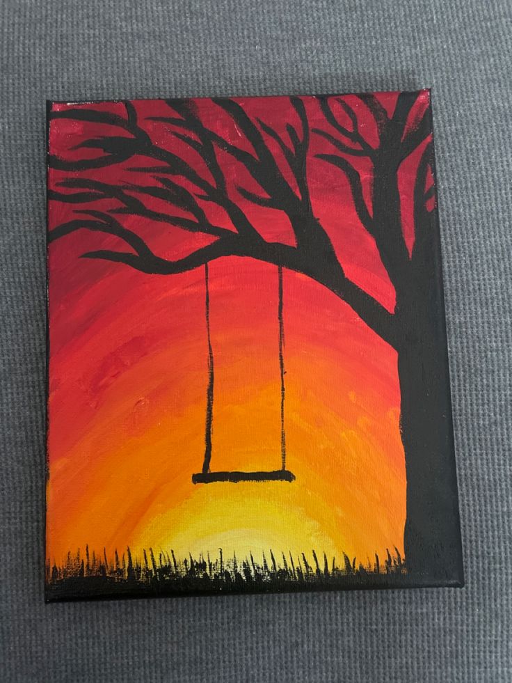 an acrylic painting of a tree with a swing in the sky at sunset