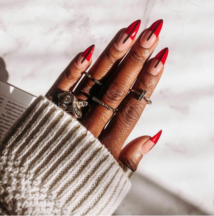 Edgy Nails Acrylic Grunge Short Almond, Modern Red Nails, Vday Stilleto Nails, Black And Red Pointy Nails, Bold Nail Designs For Short Nails, Baddie Almond Nails Red, Trendy Nail Art Almond, Red Cool Nails, Red Nail Acrylic Designs