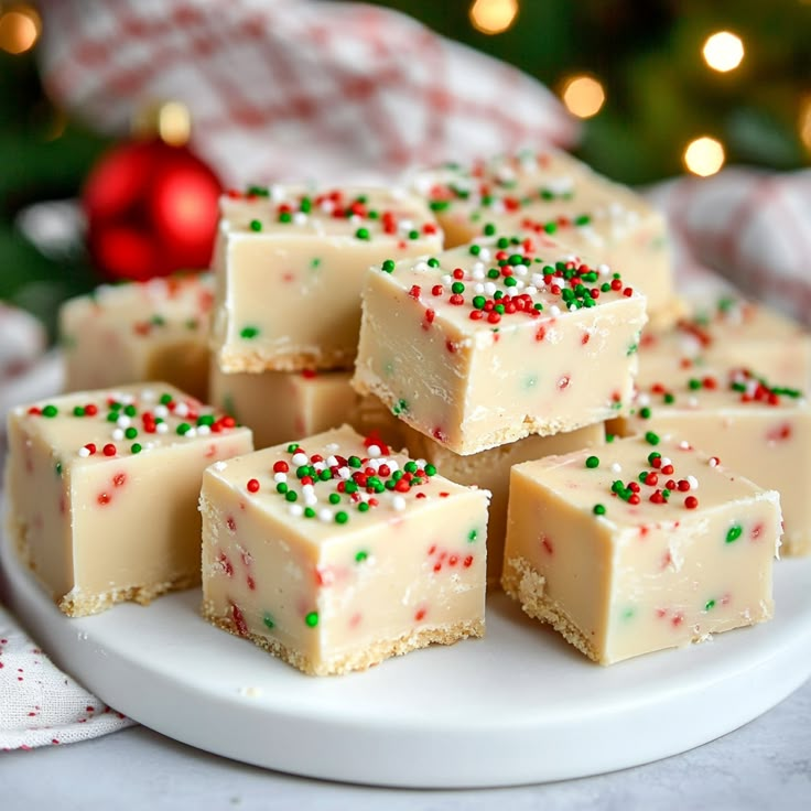 small pieces of white chocolate with sprinkles on a plate next to a christmas tree