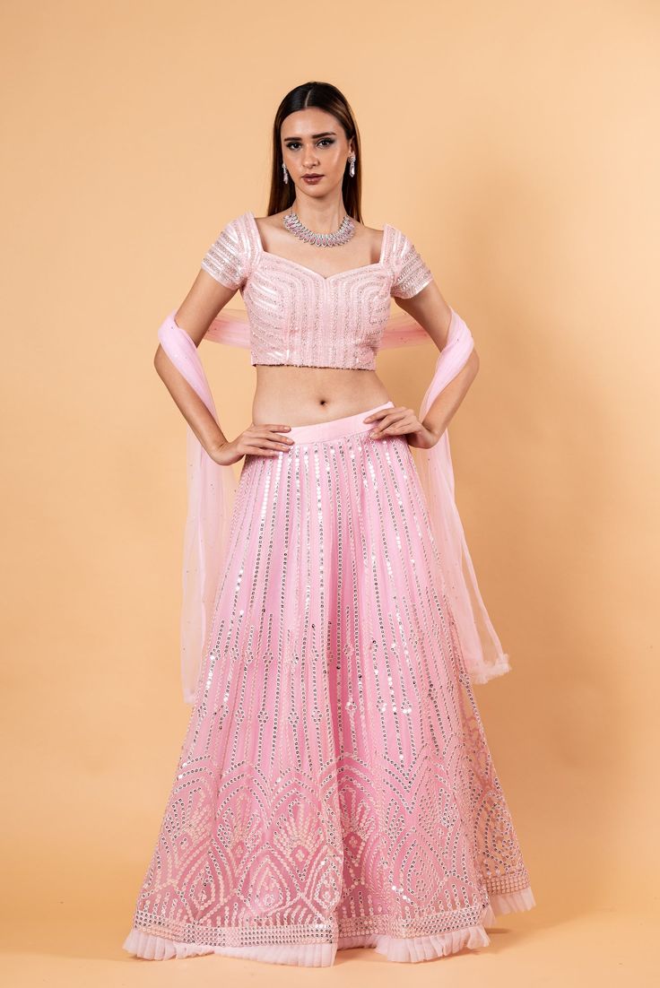 Pink Net Lehenga Set with Cutdana  Embroidery Traditional Sequin Palazzo Set For Reception, Traditional Palazzo Set With Sequins For Reception, Traditional Drape Sets With Sequins For Navratri, Festive Sequined Traditional Drape Sets, Sequined Traditional Style Sets For Navratri, Fitted Embellished Embroidered Fabric For Eid, Embellished Fitted Embroidered Fabric For Eid, Fitted Embellished Palazzo Set For Navratri, Fitted Organza Embroidered Fabric For Ceremonies