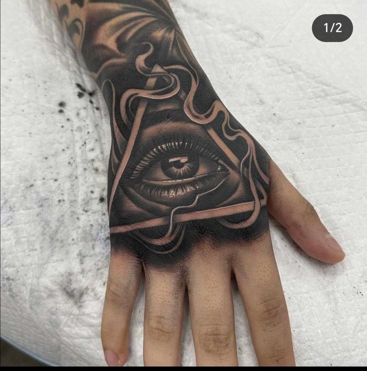 a hand with an all seeing eye tattoo on it