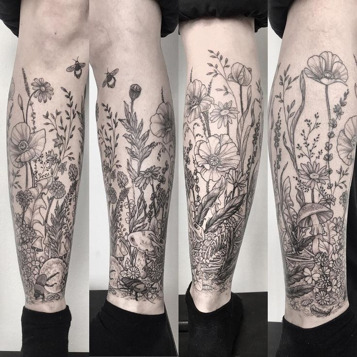 the legs are covered with flowers and plants, while one leg is shown in black and white