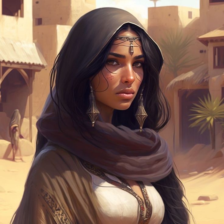 an image of a woman in the desert with her head covered by a shawl