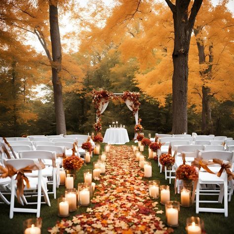 an outdoor ceremony with candles and fall leaves