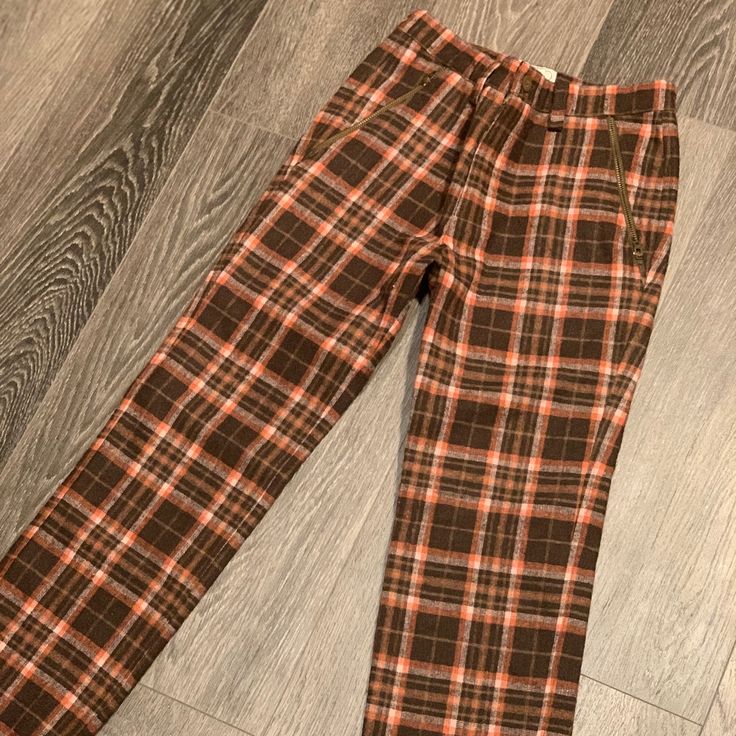 Plaid Pants - Laminiatura Casual Plaid Pants With Welt Pockets, Casual Plaid Bottoms With Welt Pockets, Casual Orange Pants For Fall, Casual Orange Straight Leg Pants, Orange Cotton Pants For Fall, Retro Orange Bottoms With Pockets, Orange Trousers For Fall, Orange Straight Leg Bottoms For Fall, Trendy Orange Pants For Fall