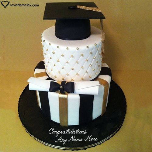 a graduation cake is decorated with black and white stripes, gold accents, and a mortar cap