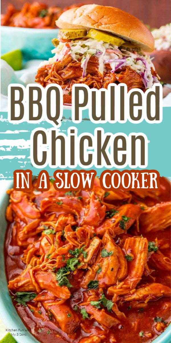 bbq pulled chicken in a slow cooker with text overlay that reads bbq pulled chicken in a slow cooker