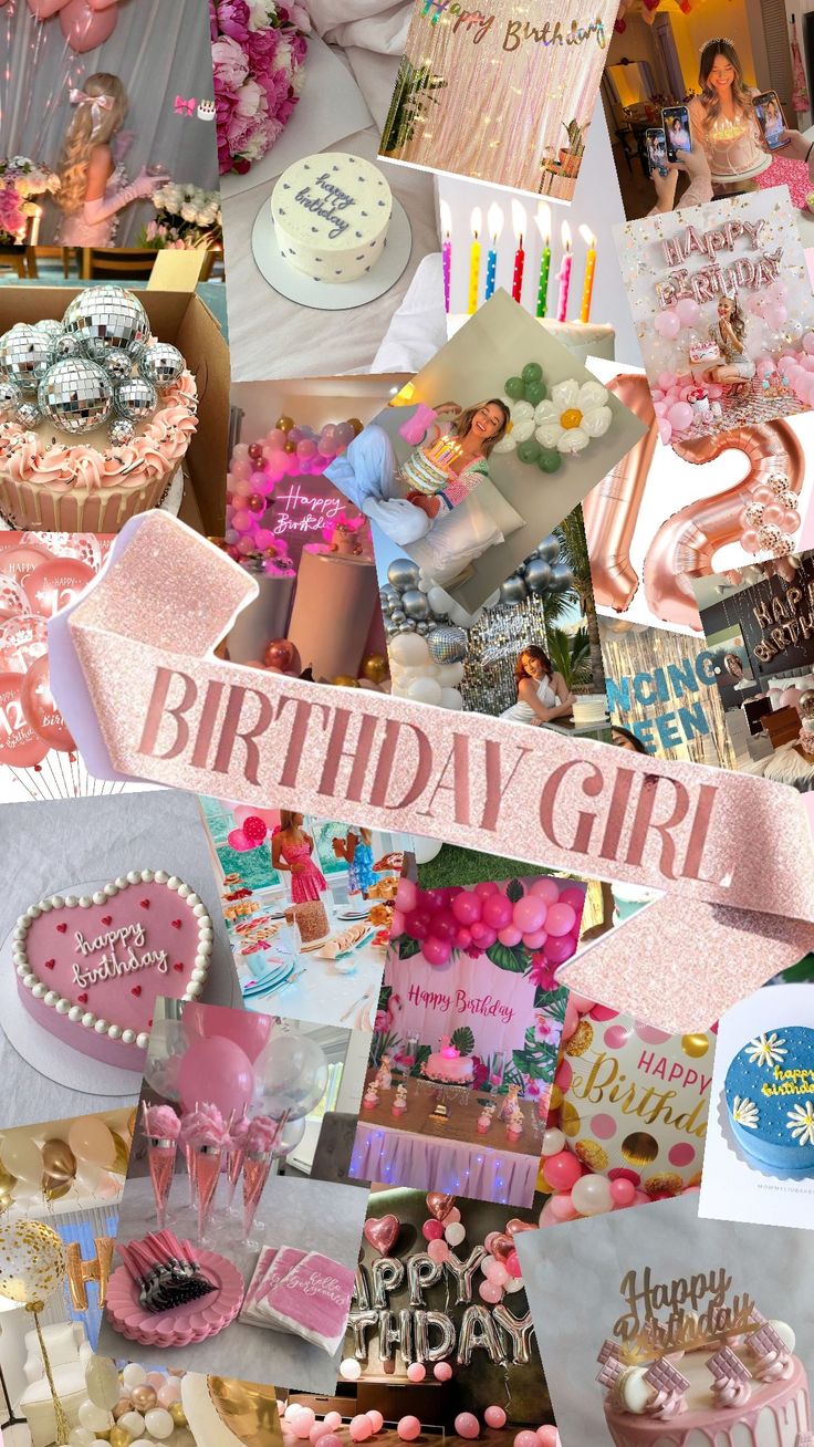 birthday girl collage with pink and white decorations, cake, balloons, cards, gifts