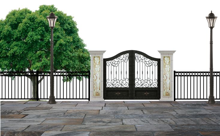 an iron gate with a tree in the middle and two lamps on either side, against a white background